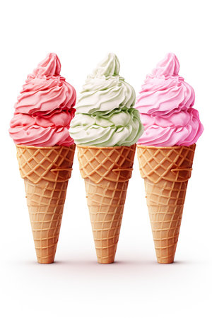 Three ice cream cones isolated on white background. 3D illustration.の素材