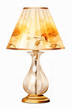 Illustration of a vintage table lamp on a white background with leavesの素材