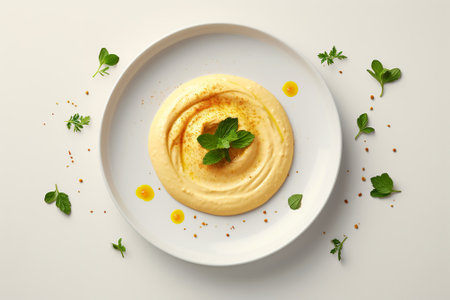 Plate with tasty hummus on white background, top view. Healthy foodの素材