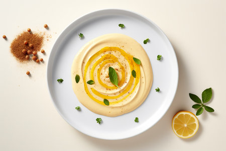 Hummus with lemon and mint on white plate, top viewの素材