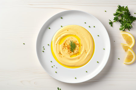 Plate with tasty hummus on white wooden background, top viewの素材