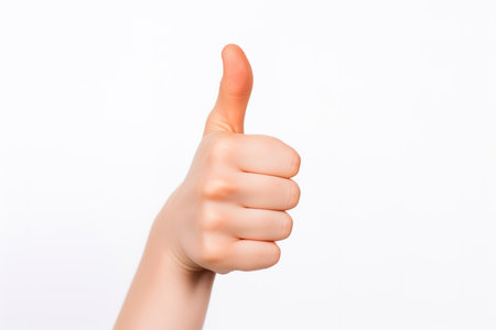 Closeup of woman hand showing thumbs up sign isolated on white backgroundの素材