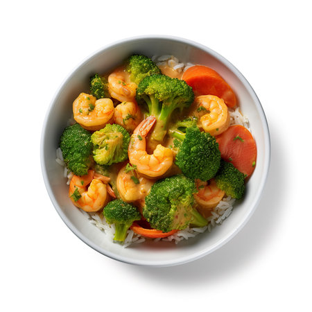 Bowl of shrimps with rice and vegetables on white backgroundの素材