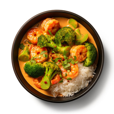 Curry with shrimps, broccoli and rice isolated on white backgroundの素材