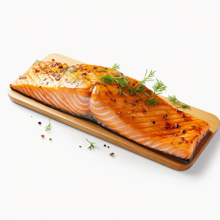 Grilled salmon fillet with dill and spices on wooden boardの素材