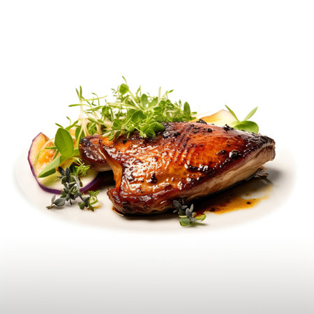 roast duck leg with vegetables on a white background in a restaurantの素材