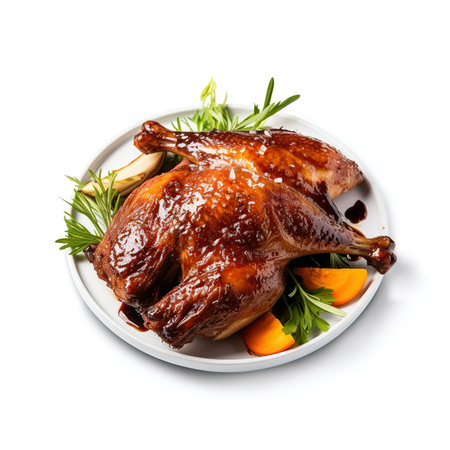 Roast duck with rosemary and garlic isolated on white background.の素材