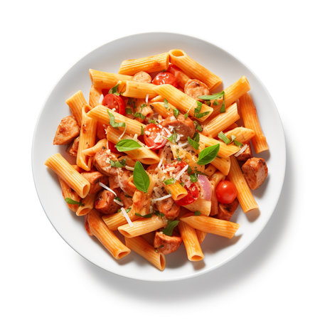 Plate of tasty pasta with meat and tomato sauce on white backgroundの素材
