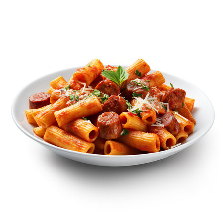 Penne pasta with tomato sauce and meatballs on a white backgroundの素材