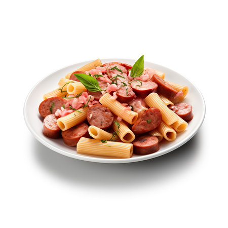 Plate of tasty pasta with sausages and basil on white backgroundの素材