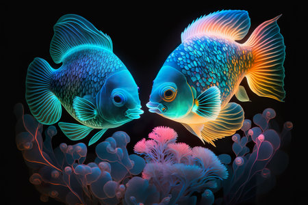 Two blue and yellow fish on a black background. 3d illustrationの素材
