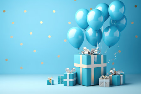 Blue gift box with balloons and confetti on blue background. 3D Renderの素材