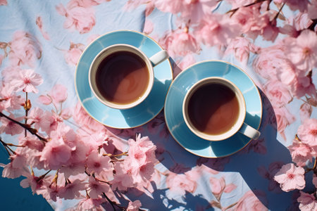 Two cups of coffee on a blue background with pink cherry blossomsの素材