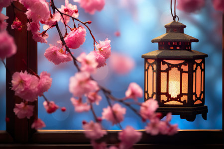 Beautiful pink sakura blossom and lantern on the window.の素材