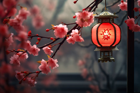 Chinese lanterns and cherry blossom in the garden, closeupの素材