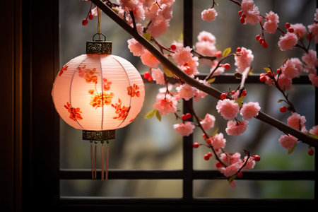Beautiful Chinese lanterns on the window with cherry blossom backgroundの素材