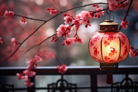 Beautiful Chinese lanterns with pink sakura cherry blossom.の素材
