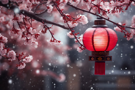 Japanese lanterns and cherry blossom in the snowfall, Japanの素材
