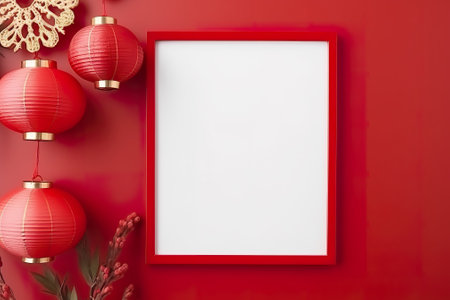 Red Christmas Decorations on Red Background with Frame Mockup, Top Viewの素材