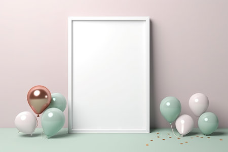 White frame with balloons and confetti on pastel background. 3d renderの素材