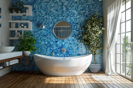 Bathroom with blue tile wall and white bathtub. 3d renderingの素材