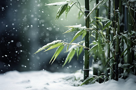 Bamboo forest in the snow with snowflakes. Shallow depth of field.の素材