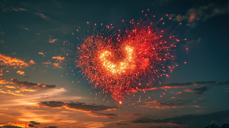 Colorful fireworks in the shape of a heart against the background of the evening skyの素材