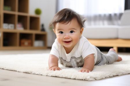 Cute little baby crawling on carpet at home. Adorable childの素材