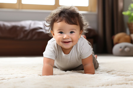 Cute little baby crawling on carpet at home. Baby care conceptの素材
