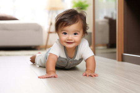 Cute little baby crawling on floor at home, focus on faceの素材