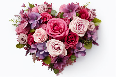 Heart shaped bouquet of pink and purple flowers on a white backgroundの素材
