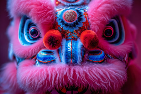 Chinese New Year Lion Dance Mask, close-up view of the faceの素材