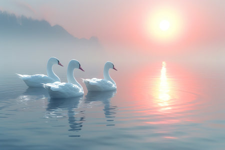 Beautiful white swans on the lake at sunrise, 3d renderの素材