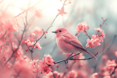 Pink bird on a branch of a blossoming sakura in springの素材