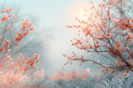Beautiful cherry blossoms in the misty morning. Spring backgroundの素材