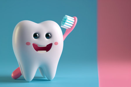 Tooth with toothbrush on a pink and blue background. Dentistry concept.の素材