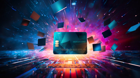 Futuristic credit card on abstract technology background. 3D Renderingの素材