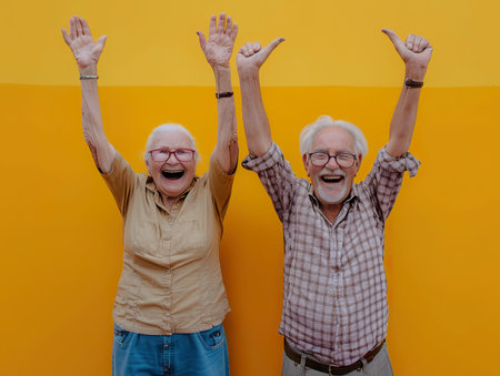 senior couple with hands up and laughing at camera on yellow backgroundの素材