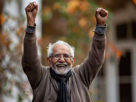 Portrait of happy senior man raising his arms in the street.の素材