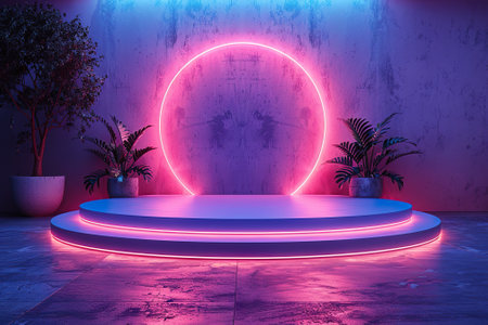 3d rendering, abstract minimal scene with geometric forms, podium for product display, empty round stage with neon lightの素材
