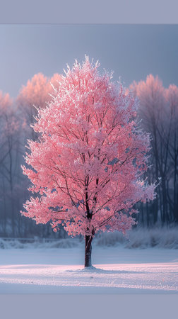 Beautiful pink tree in the winter forest at sunset. Toned.の素材