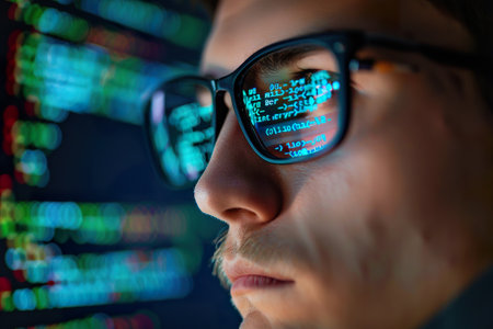 Cyber security concept. Close up of young man in glasses looking at computer screen with binary code.の素材