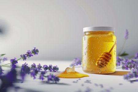 Honey in a glass jar with honey dipper and lavender flowersの素材