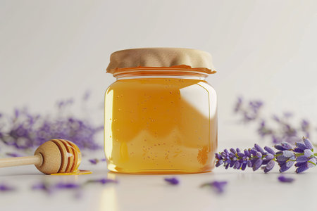Jar of honey and lavender flowers on white background. 3d renderingの素材