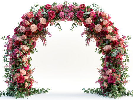 Wedding arch made of red and pink roses on white backgroundの素材