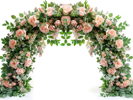 Wedding arch decorated with roses and greenery isolated on white backgroundの素材