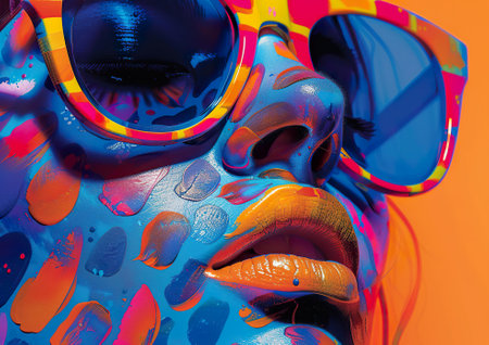 Fashion portrait of young woman with bright make-up and sunglasses.の素材