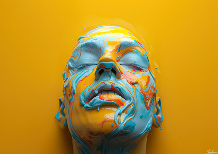 3d rendering of a man's face with blue and yellow paint.の素材