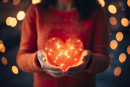 Woman holding heart shaped bokeh lights. Valentine's day conceptの素材