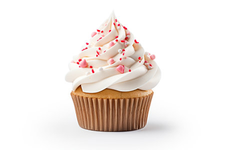 Cupcake with white frosting and hearts on a white backgroundの素材